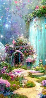 Enchanted fantasy garden with vibrant flowers and glowing lights.