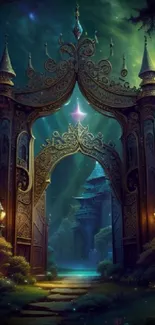 Intricate gate in a fantasy realm with glowing sky and magical aura.