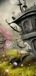 Whimsical fantasy house in a surreal, enchanted landscape mobile wallpaper.