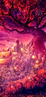 Vibrant enchanted tree fantasy wallpaper with red-orange hues.