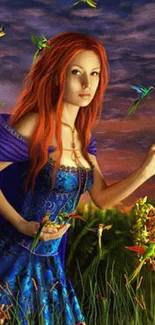 Fantasy artwork of red-haired maiden amidst vibrant nature with birds.