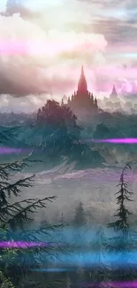 A mystical castle with pink clouds and colorful landscape in fantasy art.