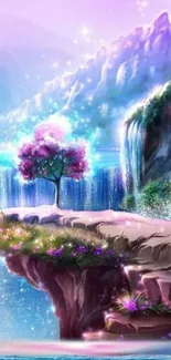 Fantasy landscape with pink tree and waterfall.