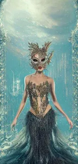 Masked figure in fantasy teal themed art wallpaper.