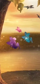 Fantasy wallpaper with colorful fairies and sunset glow.