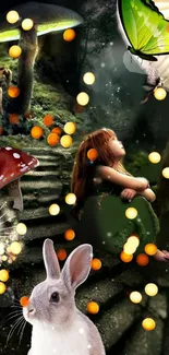 Fantasy wallpaper with fairies, mushrooms, and magical lights in a forest setting.