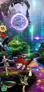 Enchanted forest scene with mystical creatures and vibrant colors.