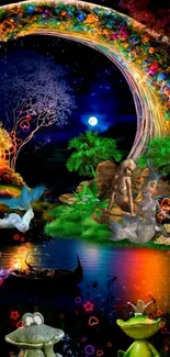 Enchanted fairy and mermaid scene with vibrant colors in a magical night setting.