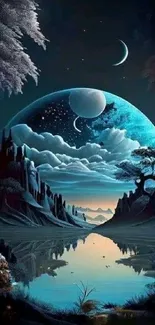 Fantasy night scene with crescent moons and starry sky over a serene landscape.