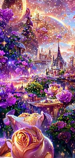 Enchanting purple rose garden fantasy wallpaper for mobile devices.