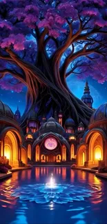 Enchanted castle with tree and water reflections at night.