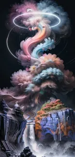 Fantasy waterfall with colorful, swirling clouds in a dark, mystical landscape.