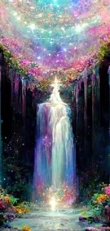 Enchanted fantasy waterfall with pink and green foliage glowing beautifully.