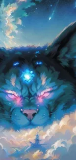 Mystical fantasy wolf with celestial sky and vibrant colors.