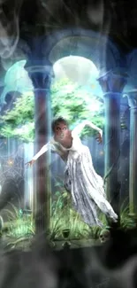 Ethereal woman floating in a mystical, enchanted fantasy scene with ancient columns.