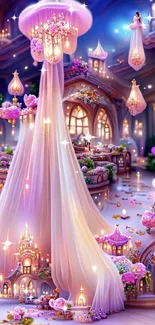 Enchanted fantasy wonderland with glowing lights and ethereal drapery.