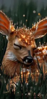 A peaceful fawn rests in a lush, glowing forest scene.