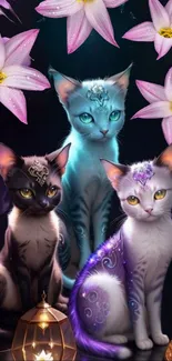 Mystical cats with flowers and lanterns in a fantasy scene.