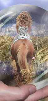 A girl on horseback in a golden wheat field captured within a mystical sphere.