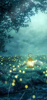 Mystical forest wallpaper with glowing fireflies and lantern at night.