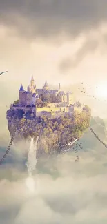 Floating castle amidst clouds with chains and birds.