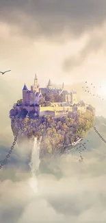 Floating castle above clouds with birds.