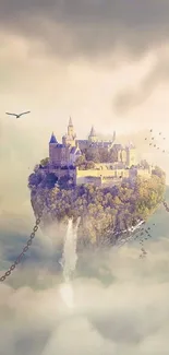 Mystical floating castle in ethereal clouds with birds and chains.