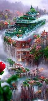 Mystical floating palace in vibrant misty landscape.