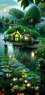 Floating village on water with lush greenery and lights at dusk.