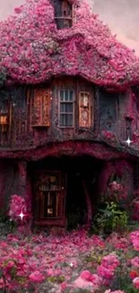 Enchanted cottage surrounded by vibrant pink flowers under a misty sky.