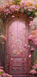 Enchanted doorway with pink flowers in mesmerizing wallpaper.