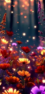 Enchanted flower garden with glowing lights.