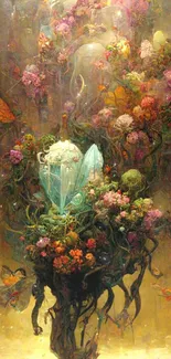 Surreal botanical scene with butterflies and vibrant flowers in a fantasy art style.