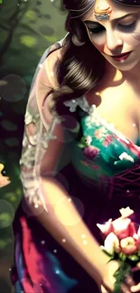 Fantasy art of a woman with flowers in a mystical garden scene.