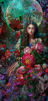 Mystical woman surrounded by vibrant fantasy flowers.