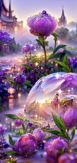 Enchanting fantasy wallpaper with purple flowers and mystical lighting.