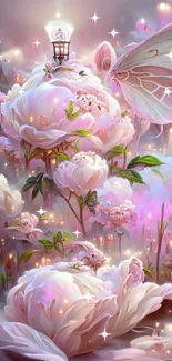 Whimsical fantasy wallpaper with pink flowers and soft glowing lights.