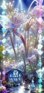 Magical fantasy garden with large ethereal flowers glowing in a dreamlike setting.