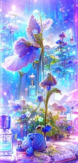 Enchanted floral fantasy wallpaper with glowing blue flowers and mystical ambiance.