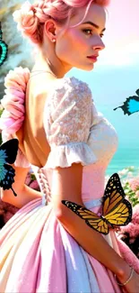 Whimsical floral wallpaper with butterflies and a woman in elegant attire.