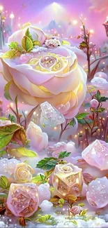 Enchanting dreamscape with roses and sparkles.