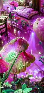 Enchanted purple and pink floral wallpaper with glowing flowers.