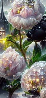 Enchanted flowers and dreamy castle in fantasy wallpaper.