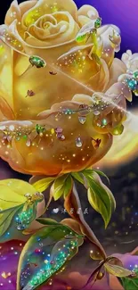 Yellow rose with gems and vibrant colors in a fantasy theme.