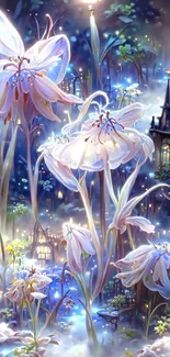 Enchanted floral fantasy with glowing lilies and mystical lights.