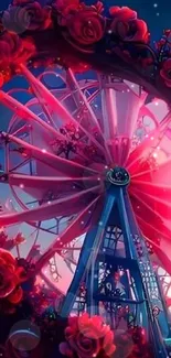 Enchanting Ferris wheel with vibrant pink roses in a fantasy setting.