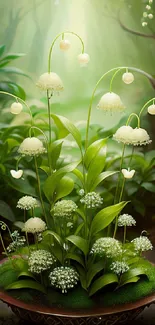 Enchanted forest scene with elegant flowers and lush greenery.