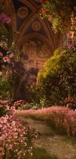 Enchanted garden path with flowers and greenery.
