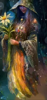 Fantasy art of an enchanted lady holding flowers with a magical, colorful aura.