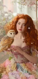 Red-haired woman in floral dress with an owl in a magical setting.